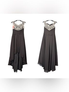 JJs House Black Dress with Silver Embroidered Bodice High-Low Gown